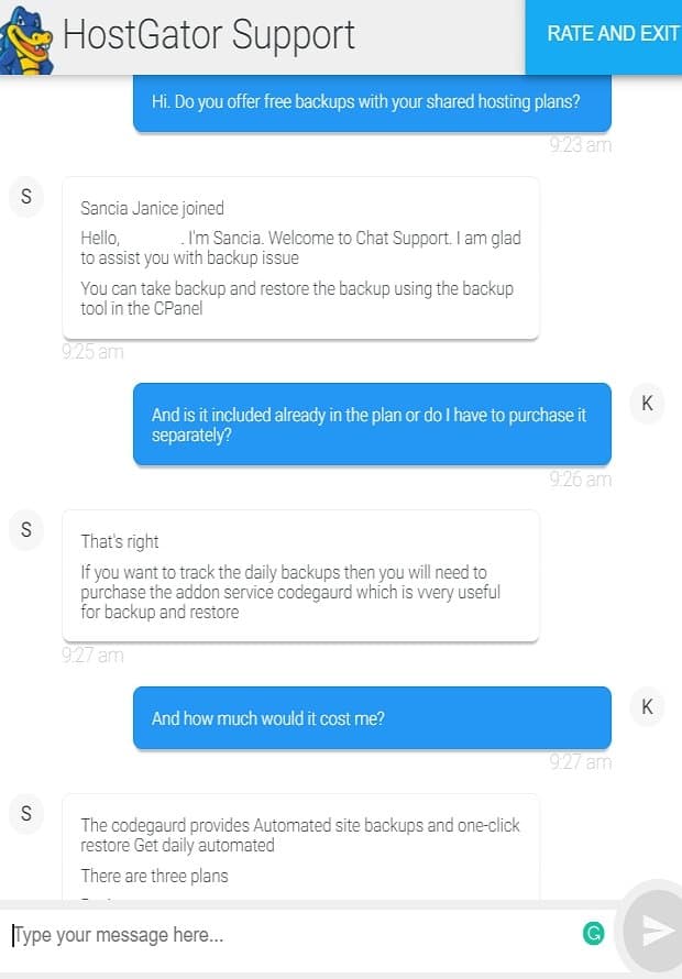 HostGator shared live chat