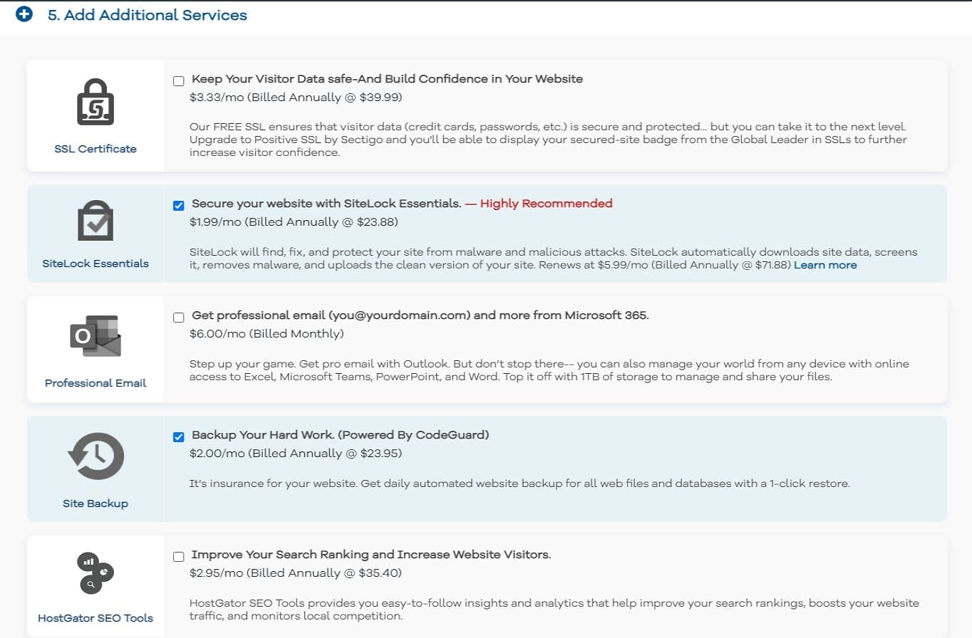 HostGator shared additional services